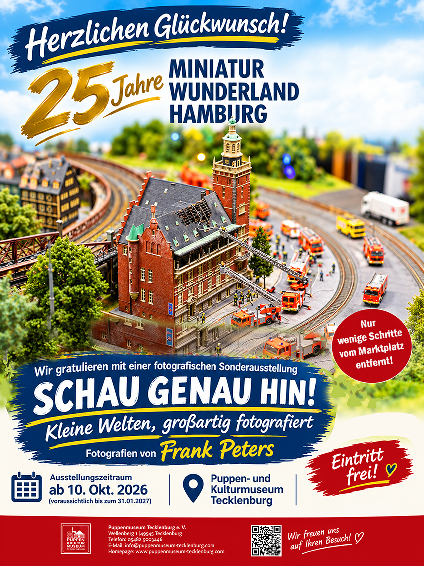 Tecklenburg. Das Puppen- und Kultur Museum Tecklenburg gratuliert dem Miniatur Wunderland Hamburg ganz herzlich zum 25-jährigen Jubiläum. Aus diesem besonderen Anlass präsentiert das Museum eine kleine fotografische Sonderausstellung mit Aufnahmen von Frank Peters, die bei persönlichen Besuchen im Miniatur Wunderland entstanden sind.
